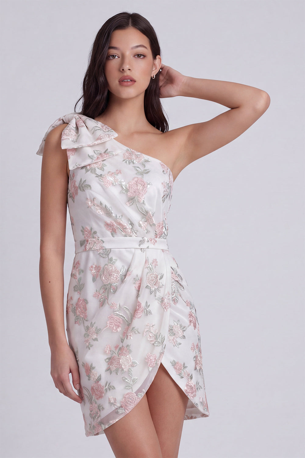 Ivory One Shoulder Floral Tight Short Reception Dress for Bride with Bow