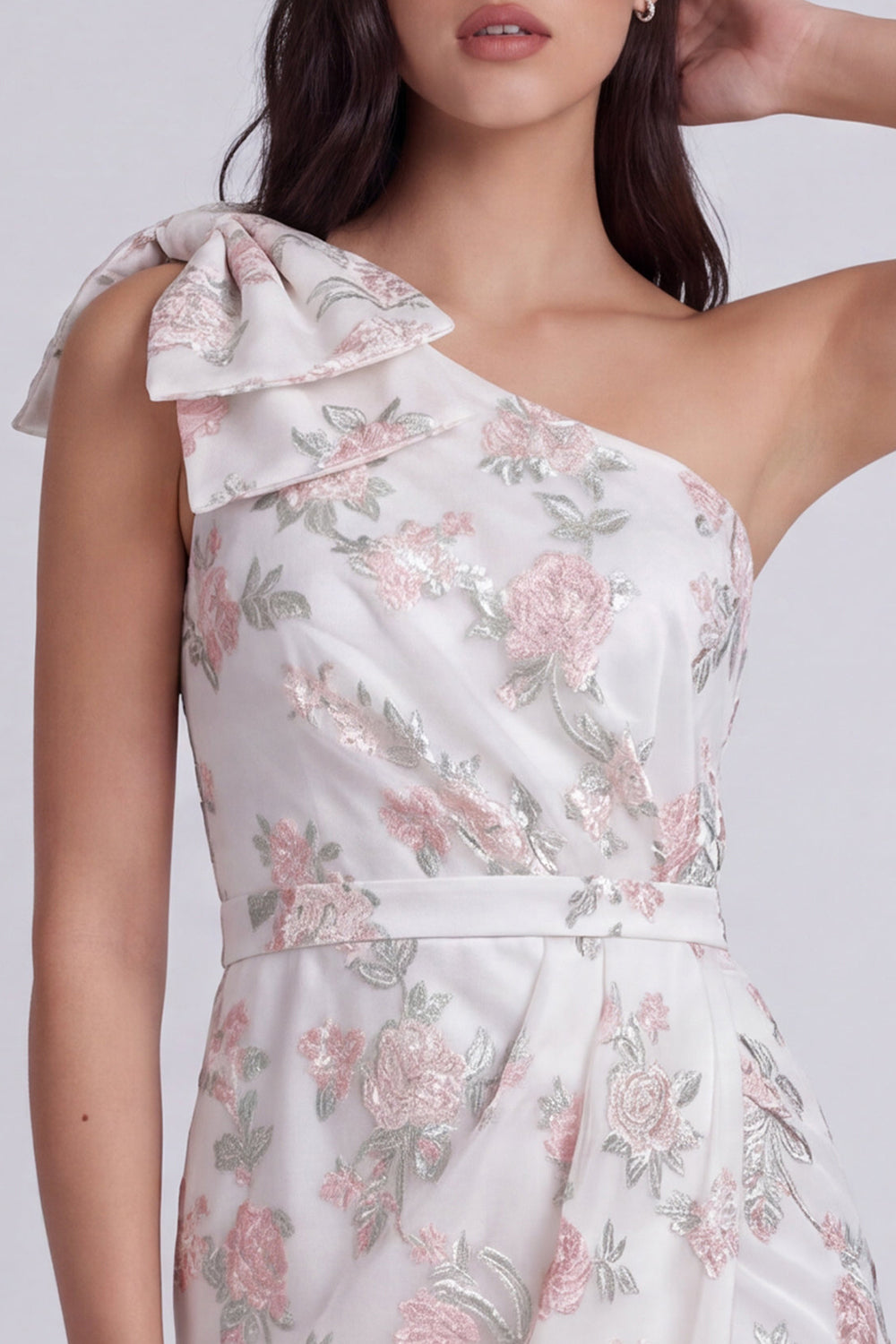 Ivory One Shoulder Floral Tight Short Reception Dress for Bride with Bow