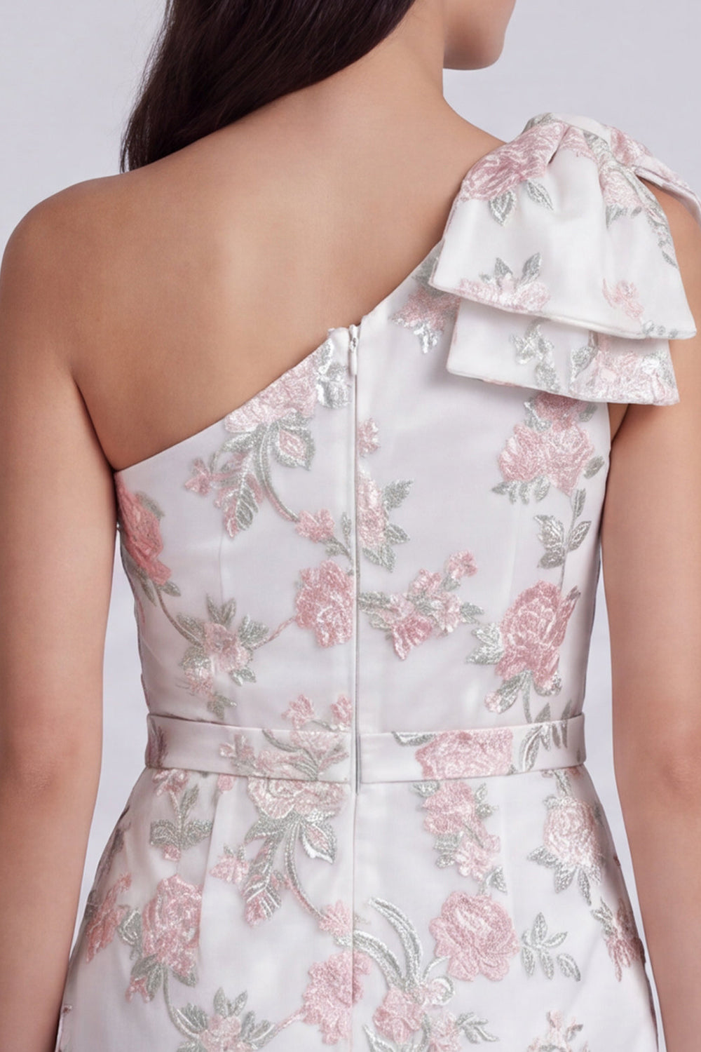 Ivory One Shoulder Floral Tight Short Reception Dress for Bride with Bow