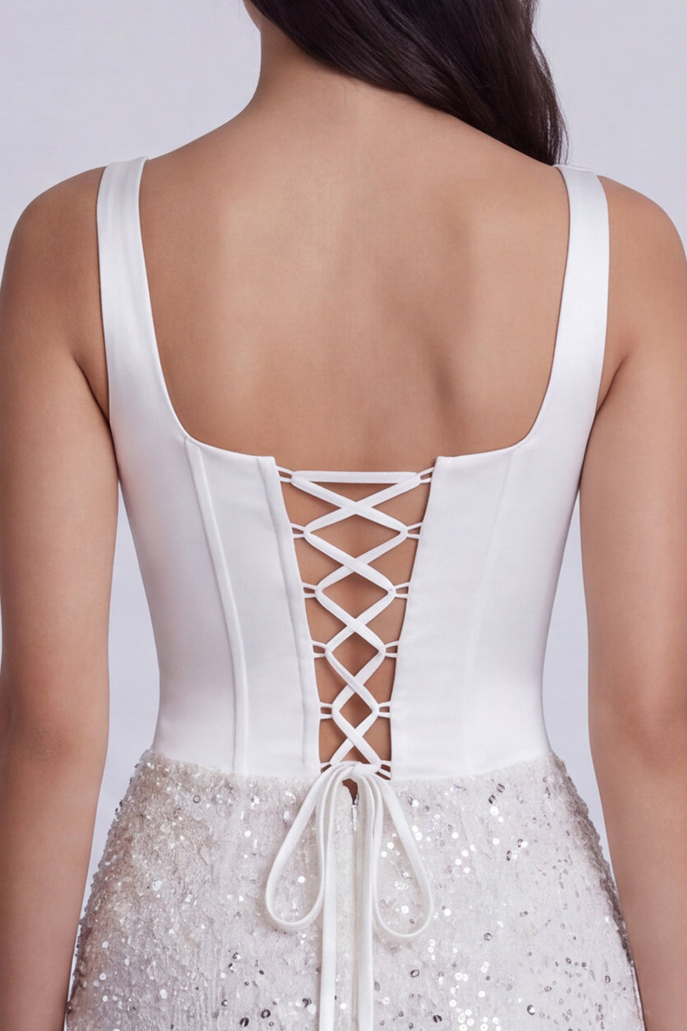 Sparkly Ivory Sequins Tight Square Neck Short Corset Reception Dress for Bride