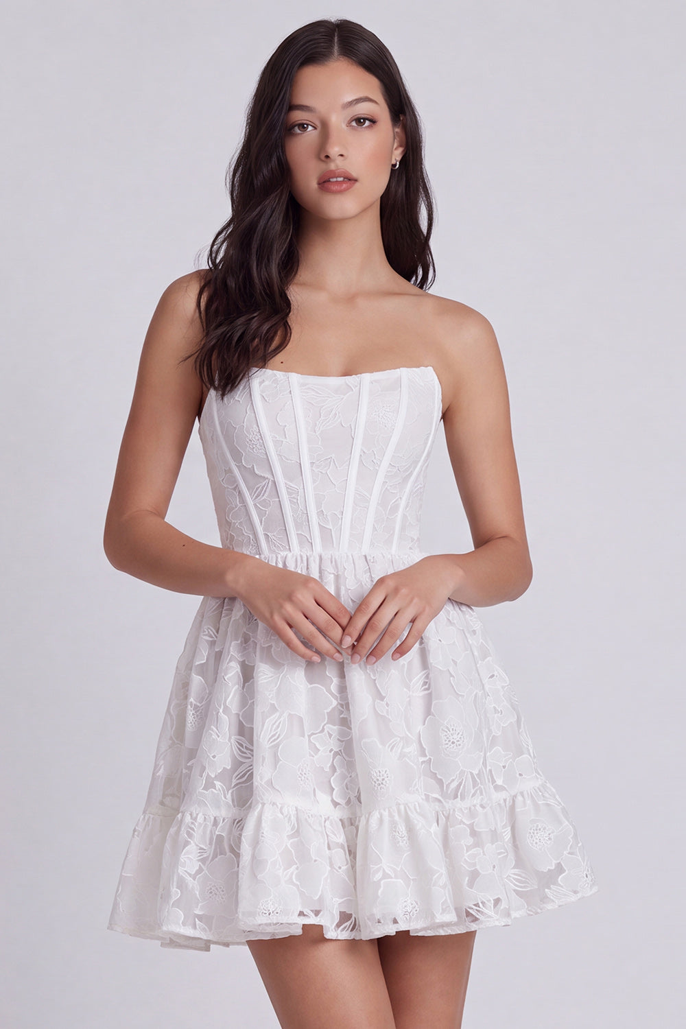 Ivory Floral Ruffled Corset Strapless A Line Short Reception Dress for Bride Dress
