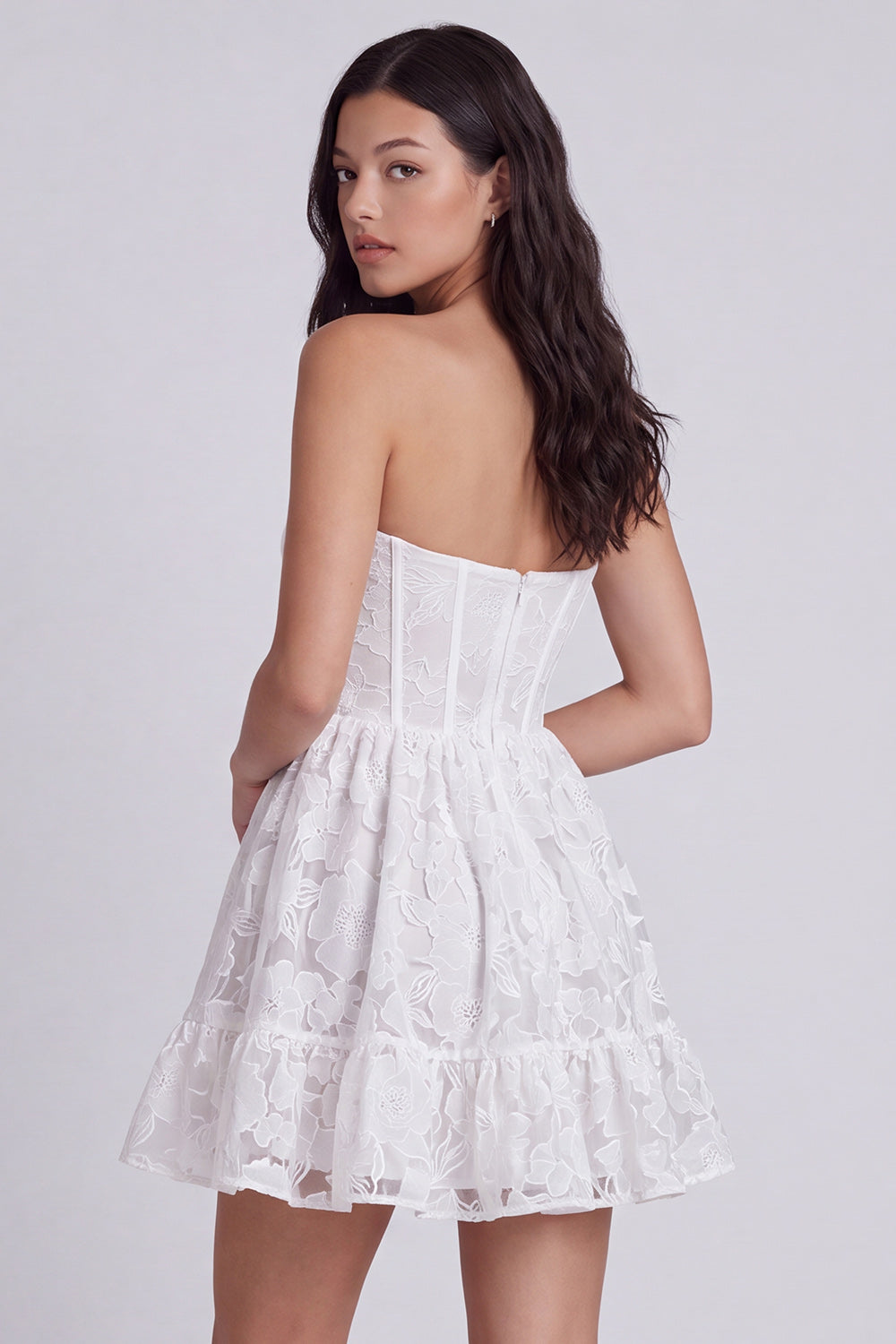 Ivory Floral Ruffled Corset Strapless A Line Short Reception Dress for Bride Dress