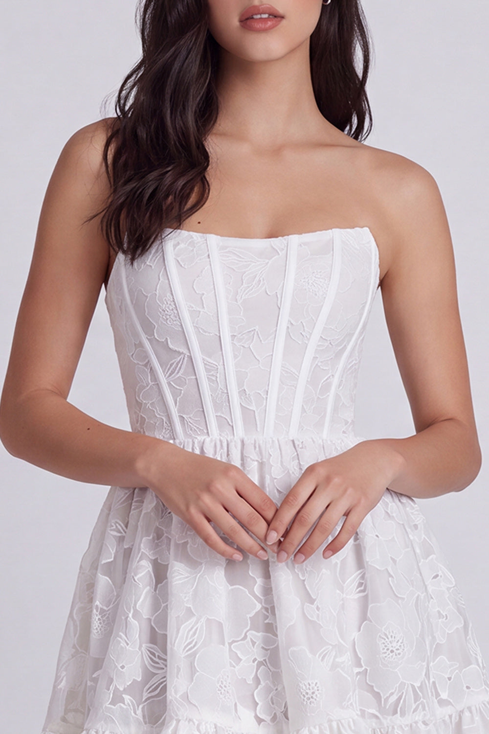 Ivory Floral Ruffled Corset Strapless A Line Short Reception Dress for Bride Dress