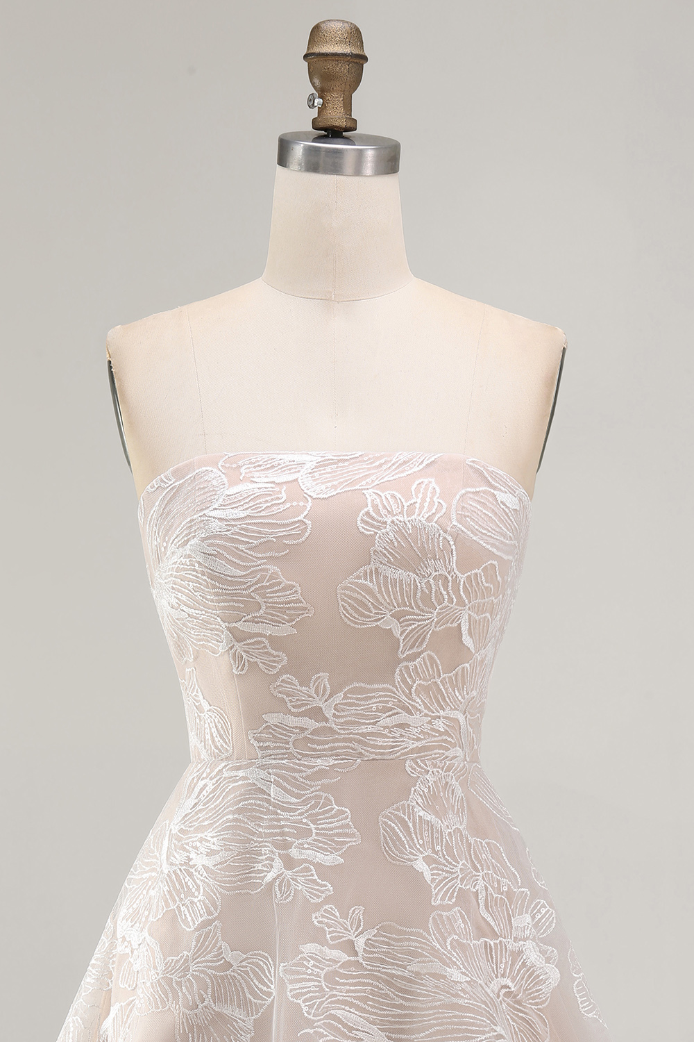 Ivory Floral A-Line Strapless Short Reception Dress for Bride