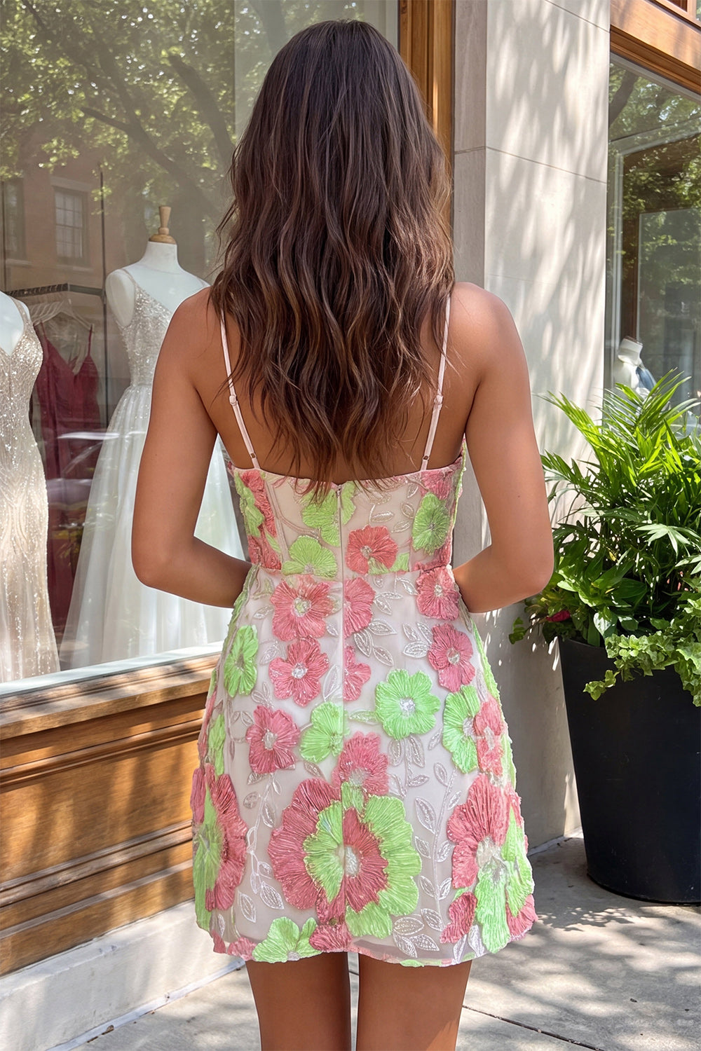 Pink and Green Flower Halter Tight Keyhole Short Homecoming Dress