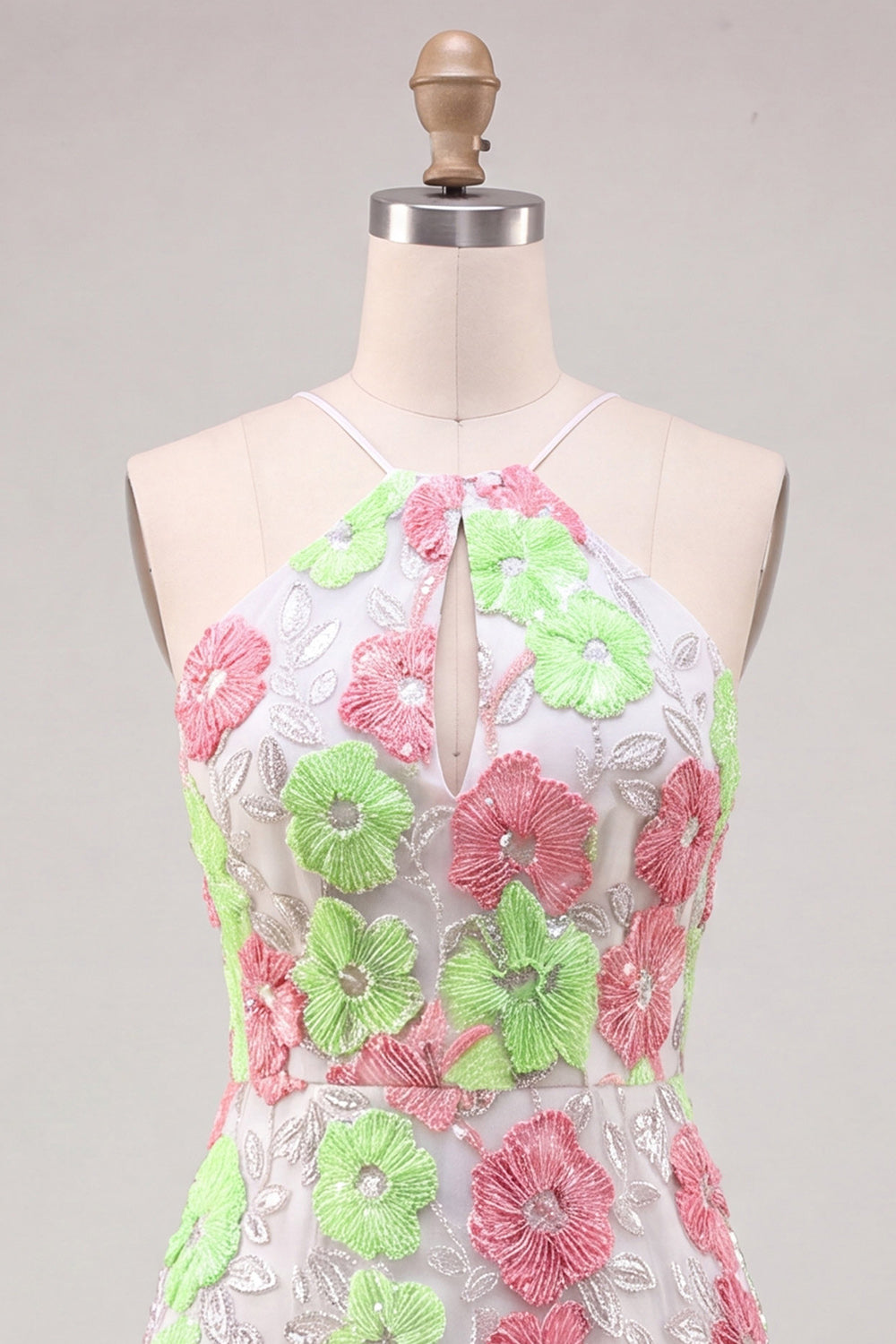 Pink and Green Flower Halter Tight Keyhole Short Homecoming Dress