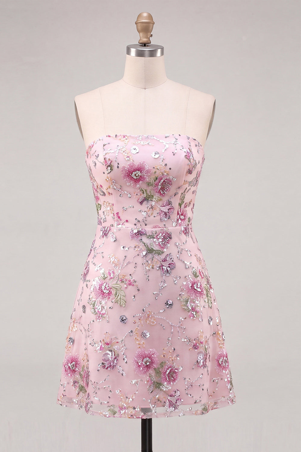 Sparkly Pink Beaded Floral A Line Strapless Short Homecoming Dress