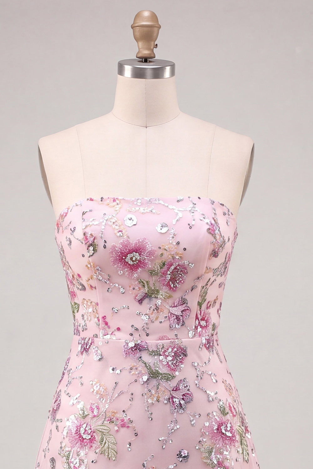 Sparkly Pink Beaded Floral A Line Strapless Short Homecoming Dress
