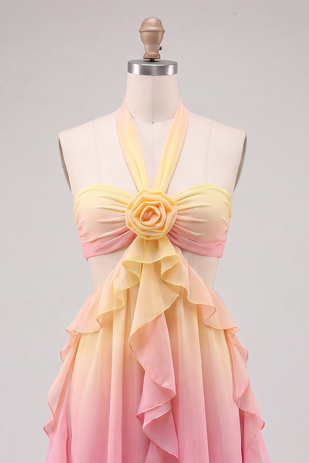 Yellow and Pink Ruffled Halter Chiffon Cut Out Short Homecoming Dress