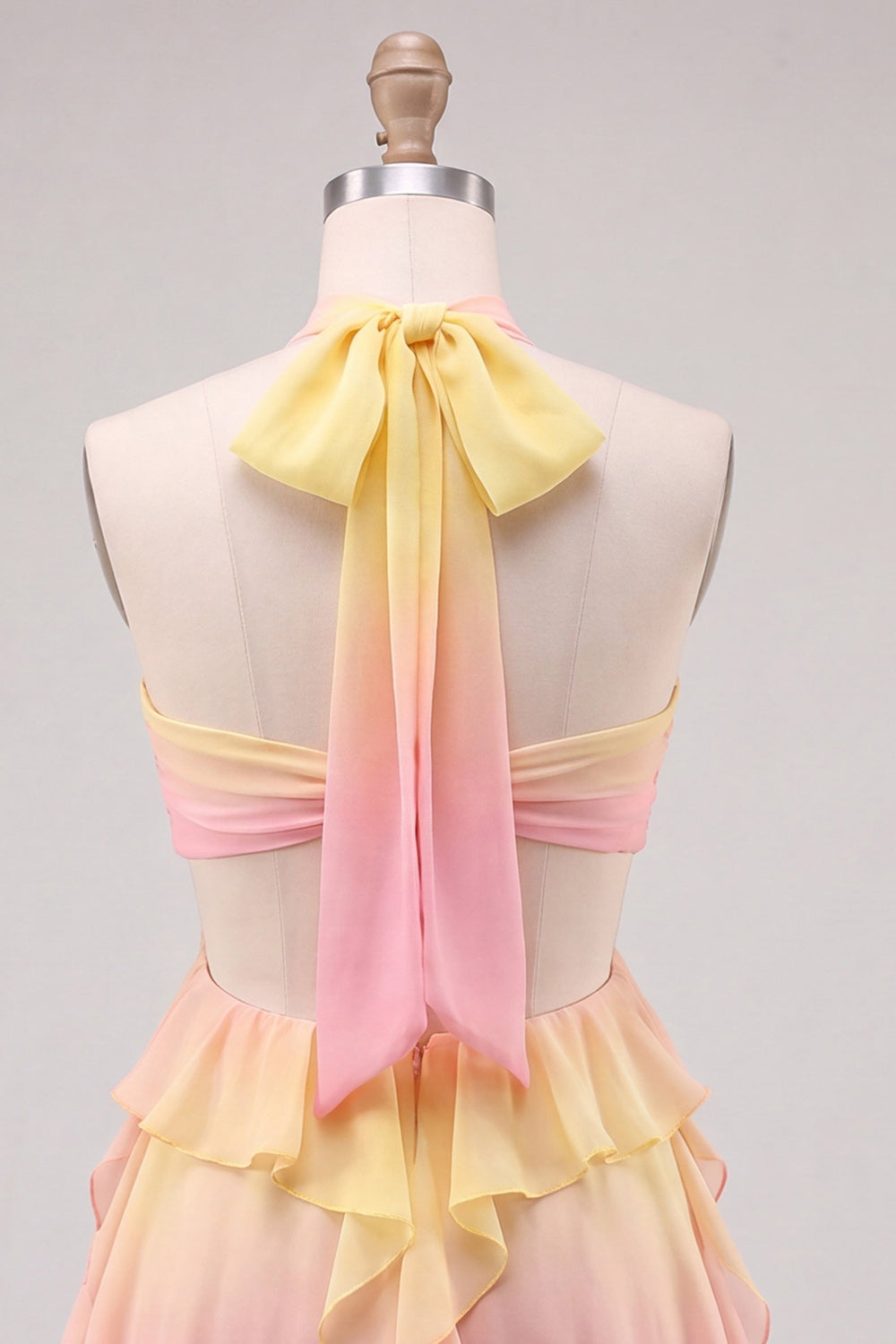 Yellow and Pink Ruffled Halter Chiffon Cut Out Short Homecoming Dress