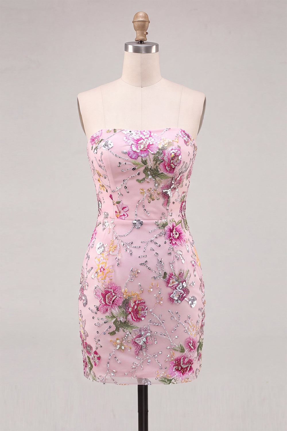 Floral Sparkly Pink Strapless Sequin Tight Short Homecoming Dress