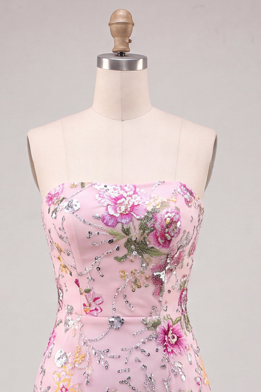 Floral Sparkly Pink Strapless Sequin Tight Short Homecoming Dress