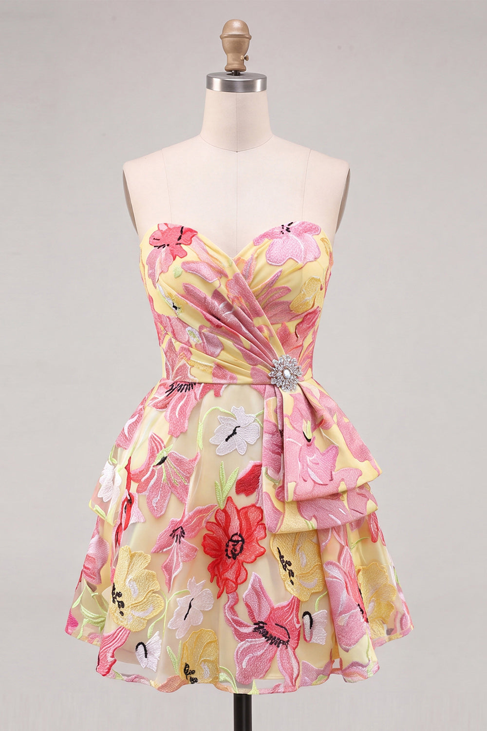 Sparkly Floral Pink Beaded Sweetheart Short Homecoming Dress