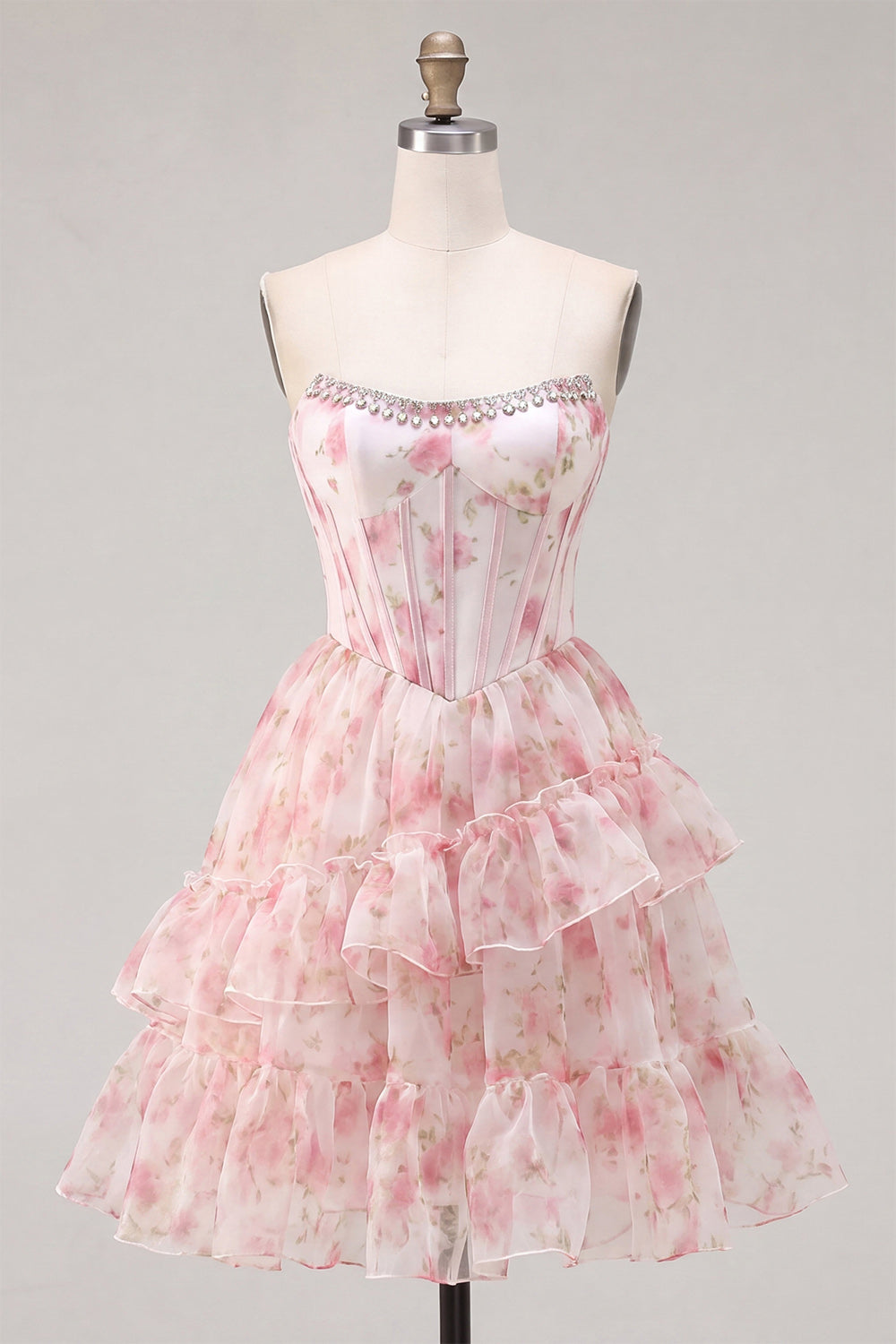 Pink Floral Sparkly Beaded Corset Short Homecoming Dress with Ruffles