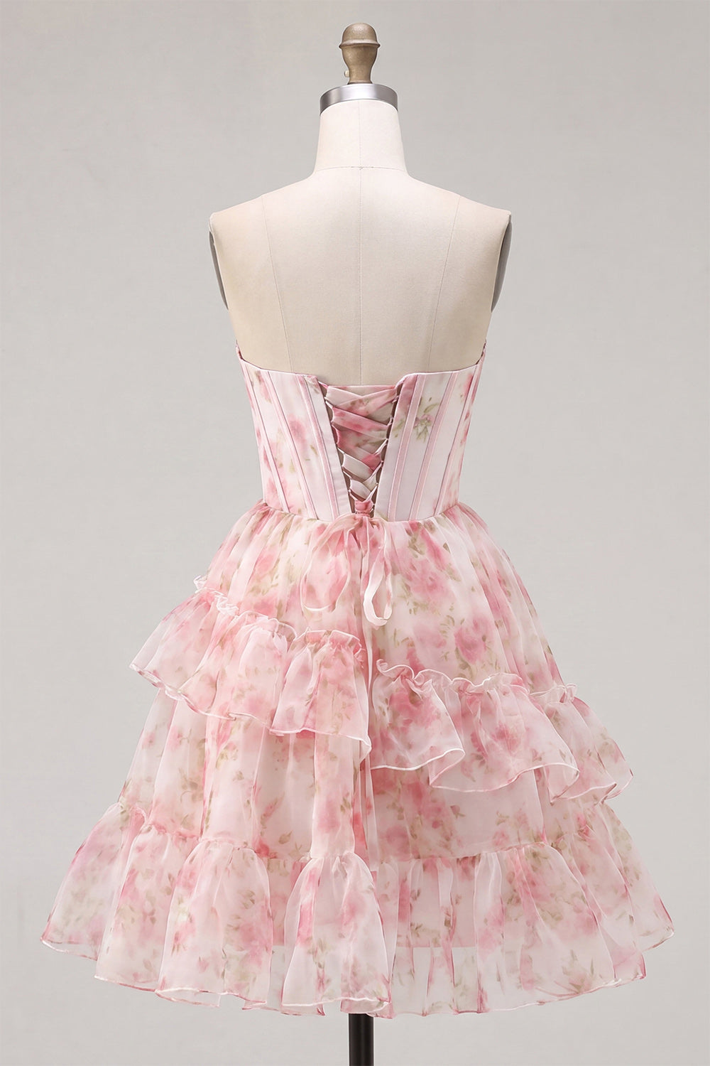 Pink Floral Sparkly Beaded Corset Short Homecoming Dress with Ruffles