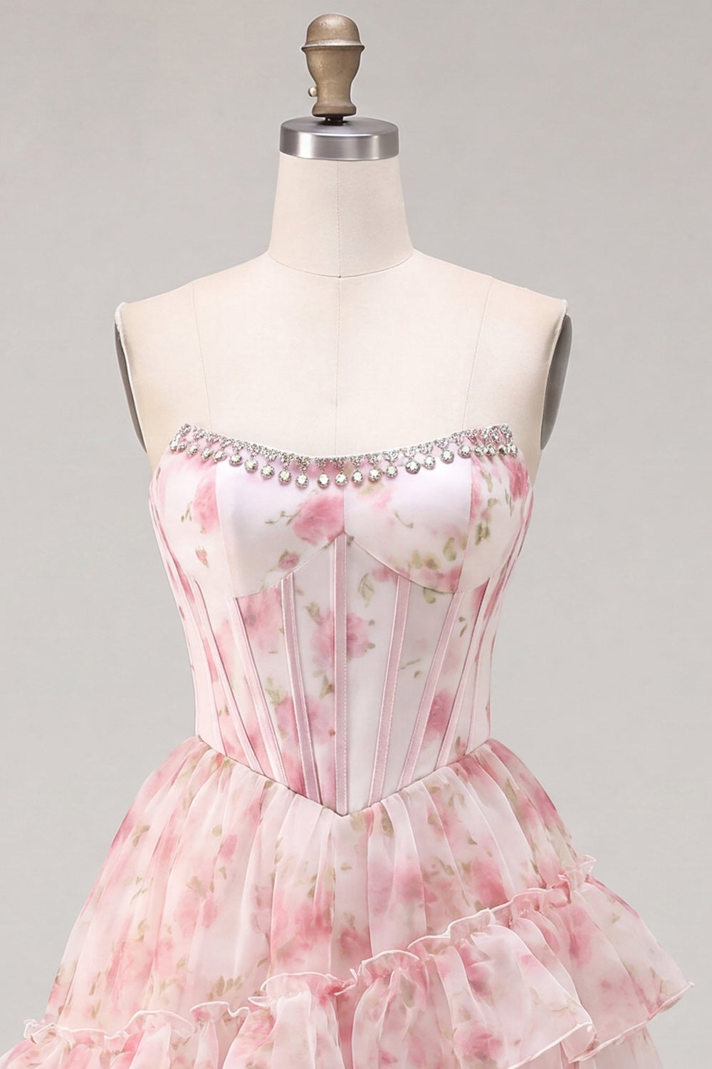 Pink Floral Sparkly Beaded Corset Short Homecoming Dress with Ruffles