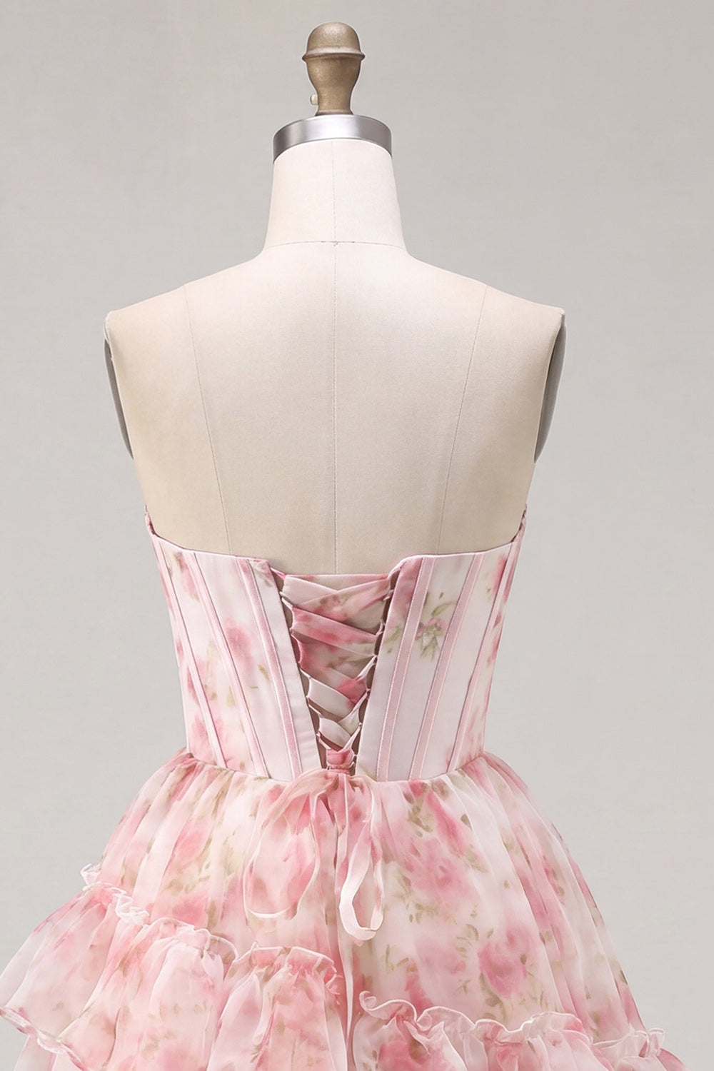 Pink Floral Sparkly Beaded Corset Short Homecoming Dress with Ruffles