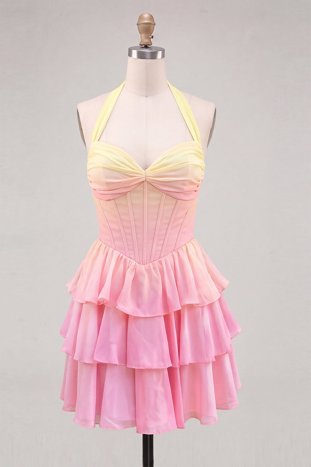Yellow and Pink Halter A Line Ruffled Short Corset Homecoming Dress