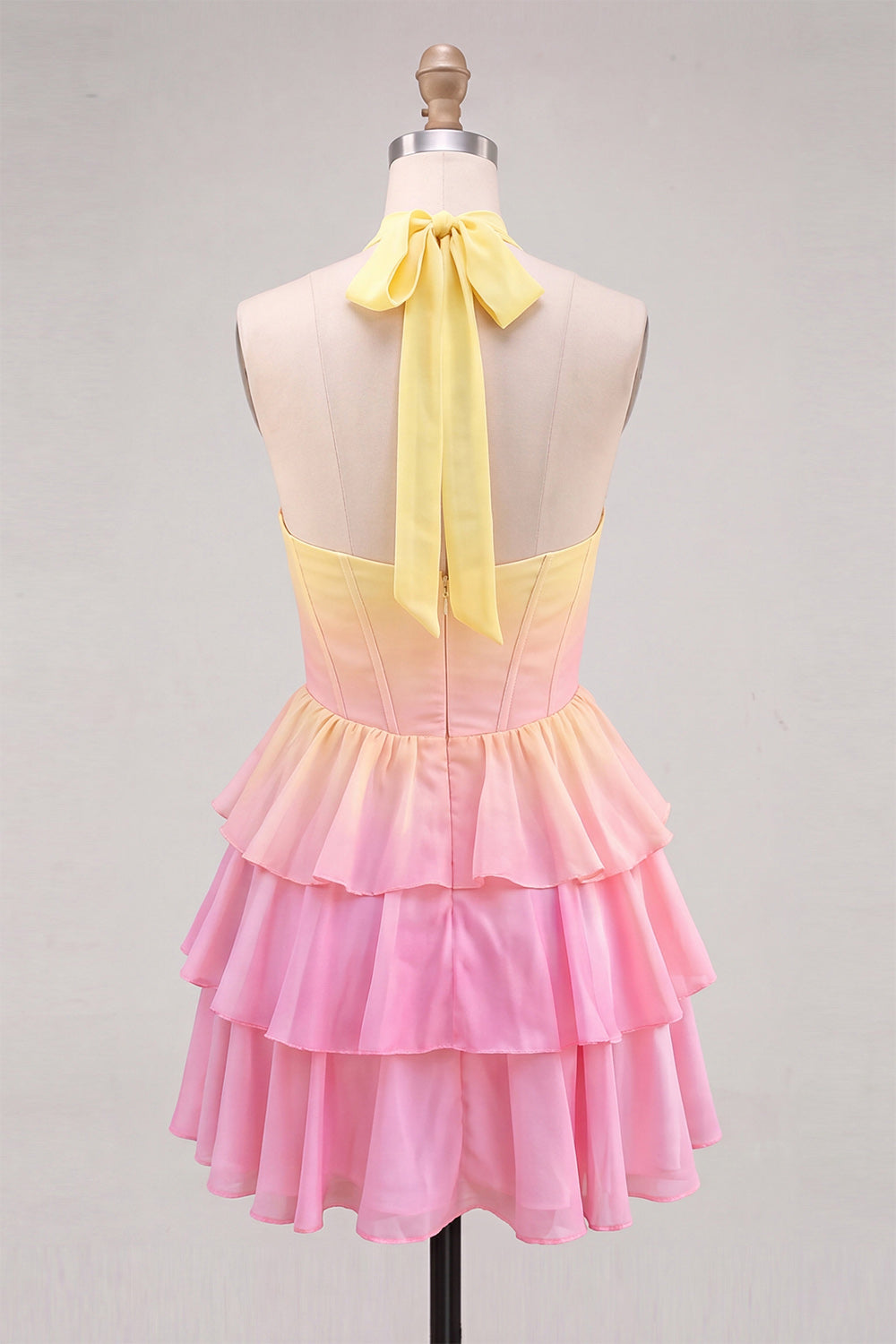 Yellow and Pink Halter A Line Ruffled Short Corset Homecoming Dress