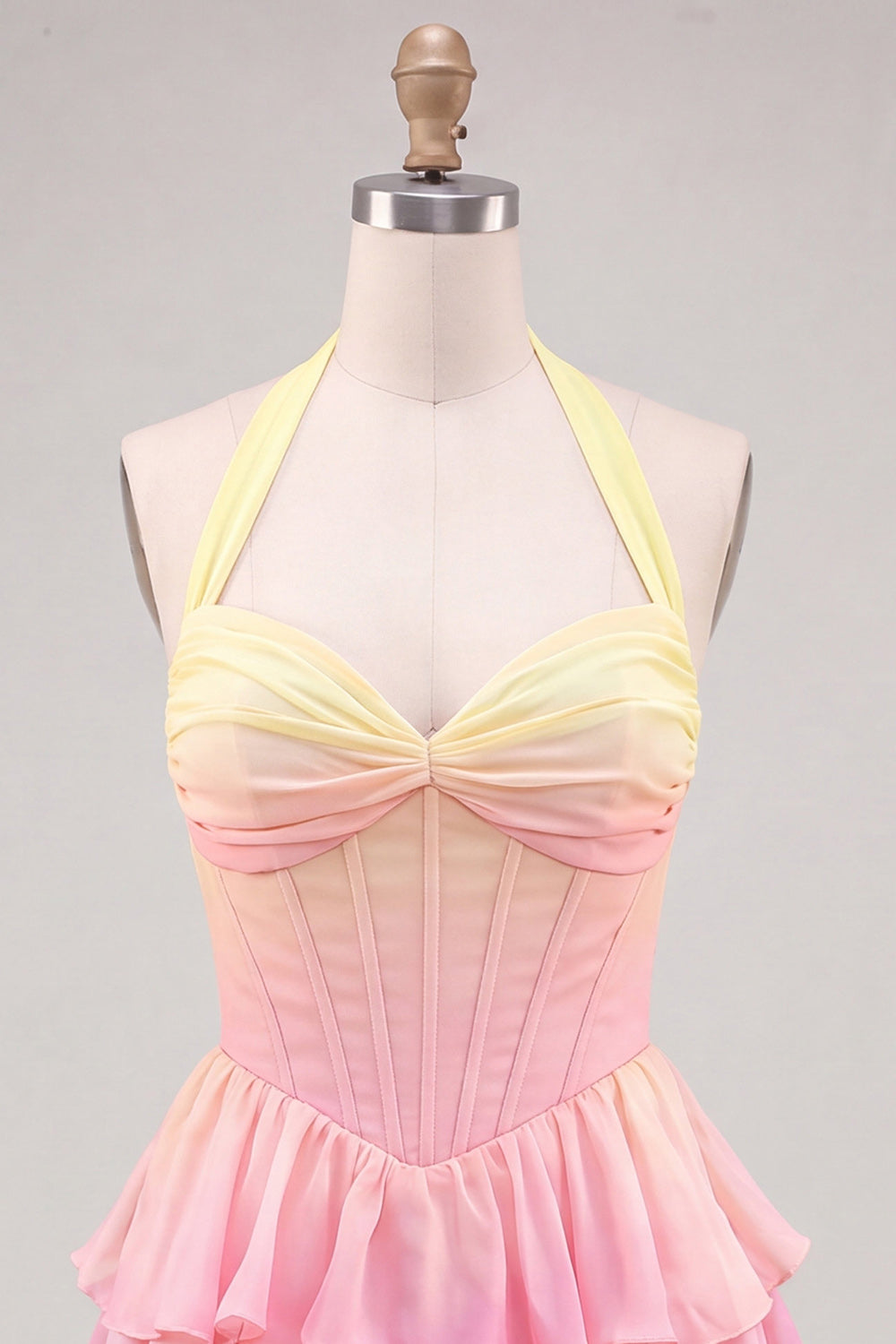 Yellow and Pink Halter A Line Ruffled Short Corset Homecoming Dress
