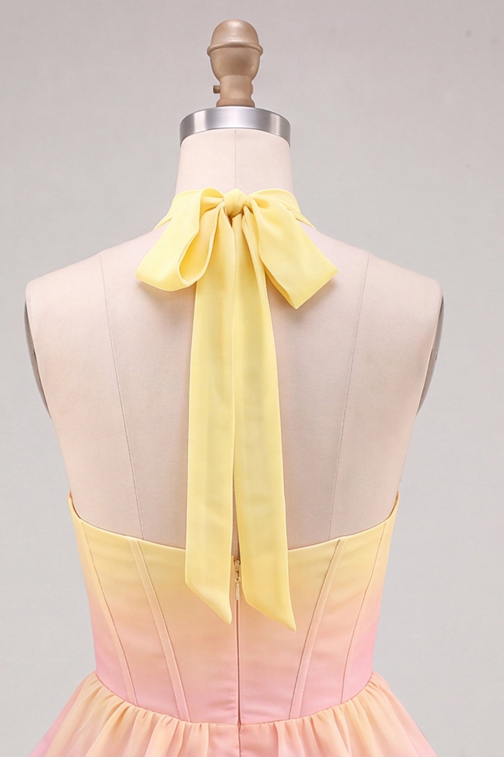 Yellow and Pink Halter A Line Ruffled Short Corset Homecoming Dress