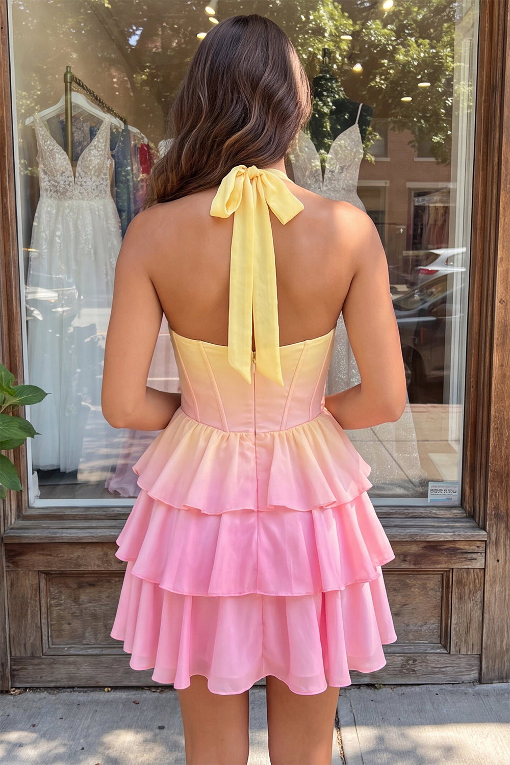 Yellow and Pink Halter A Line Ruffled Short Corset Homecoming Dress