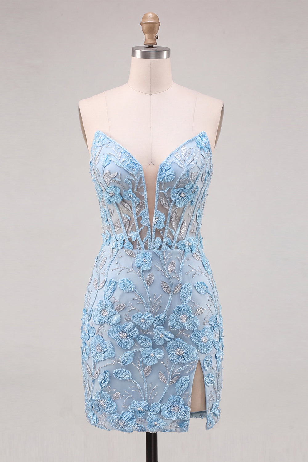Floral Sky Blue Lace Corset Tight Short Homecoming Dress with Slit