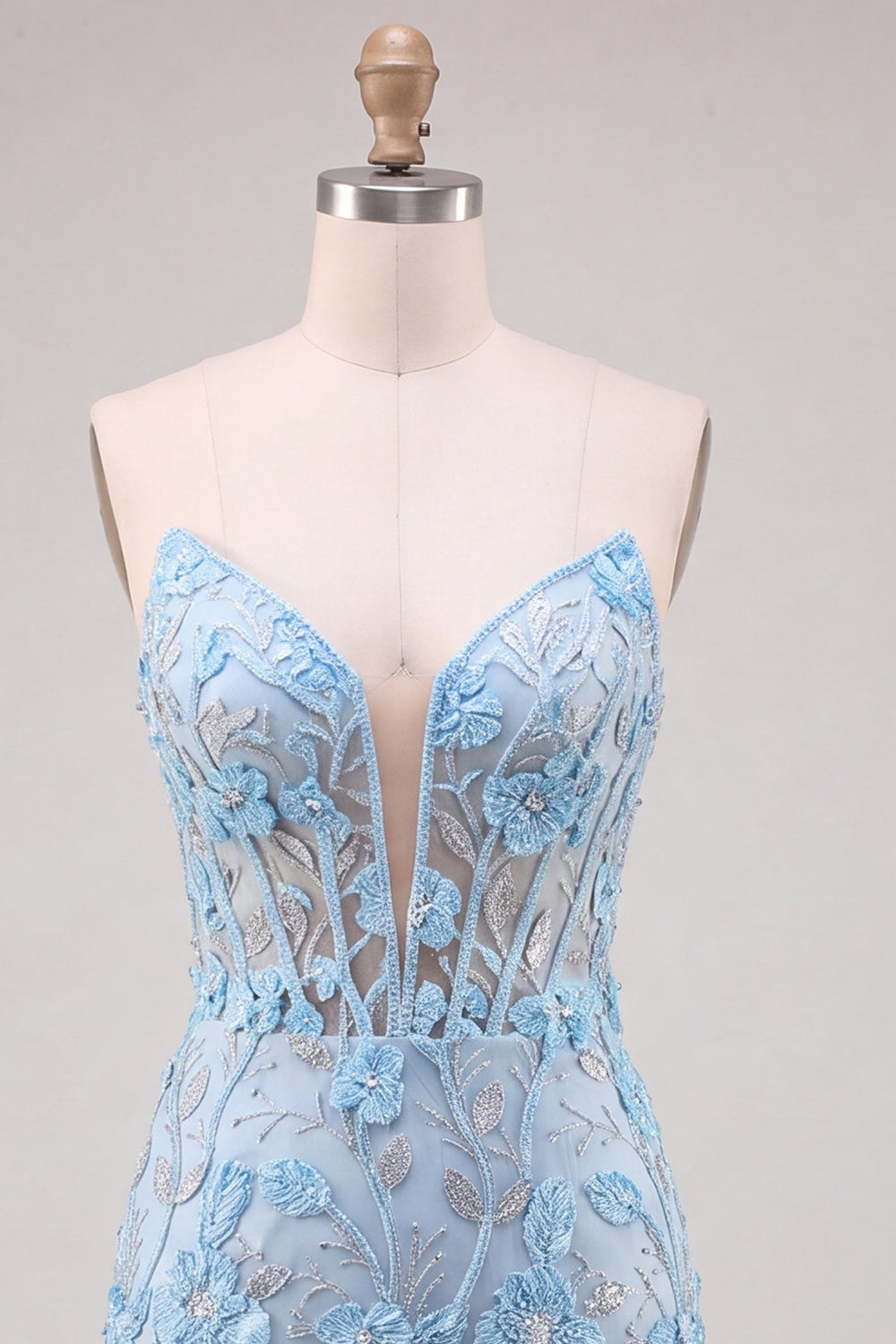 Floral Sky Blue Lace Corset Tight Short Homecoming Dress with Slit