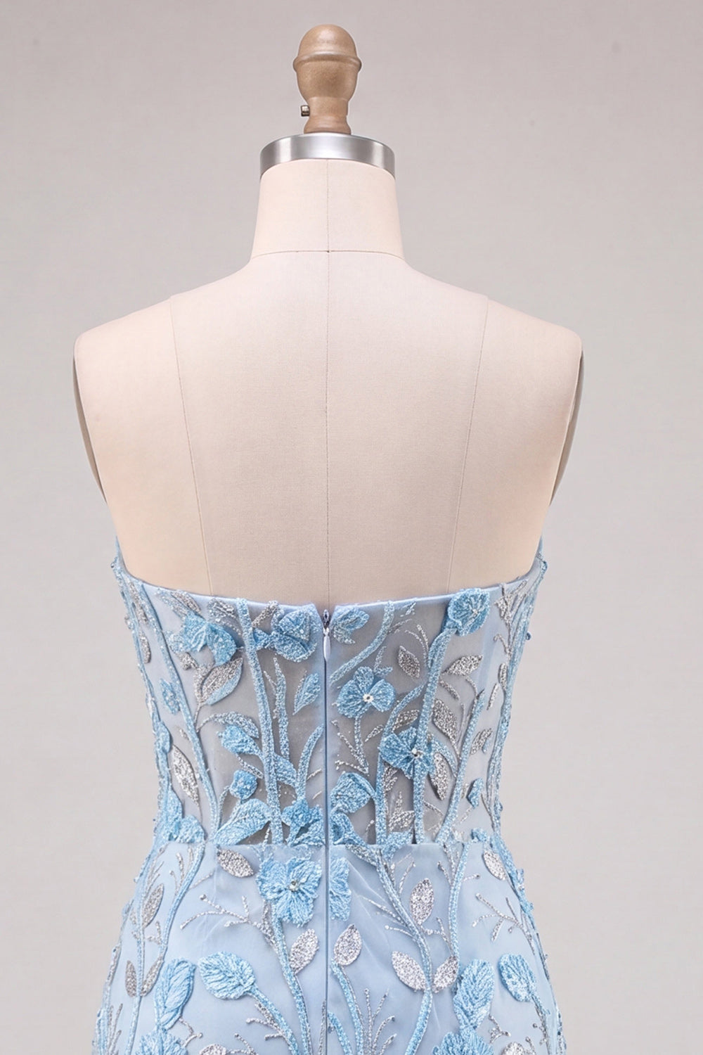 Floral Sky Blue Lace Corset Tight Short Homecoming Dress with Slit