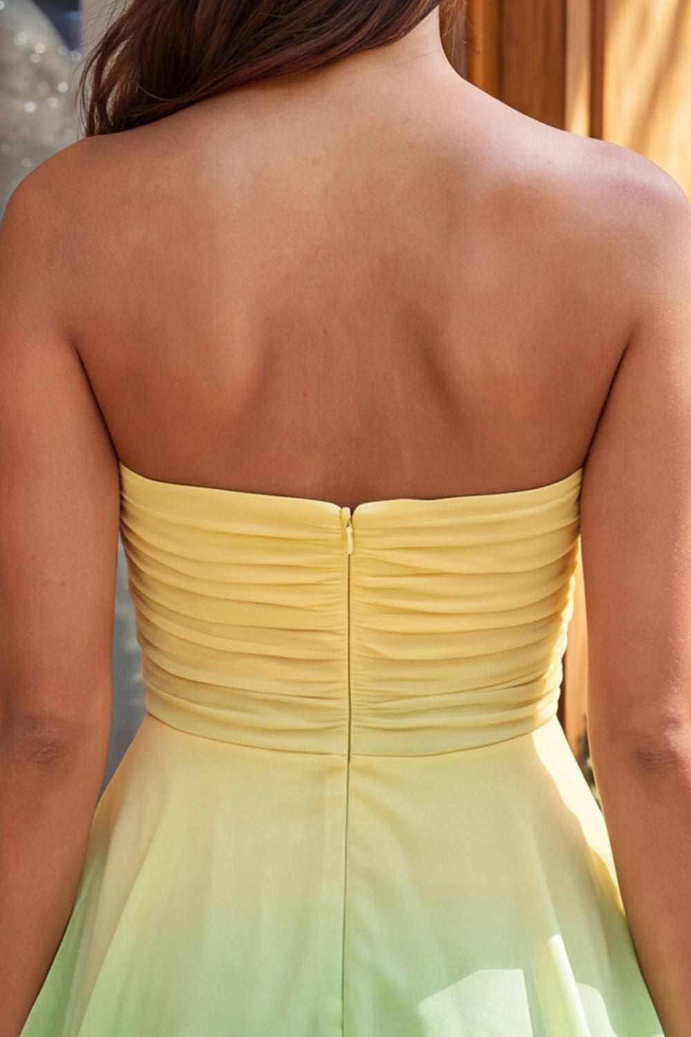 Yellow and Green Ruffled Chiffon Strapless Short Homecoming Dress