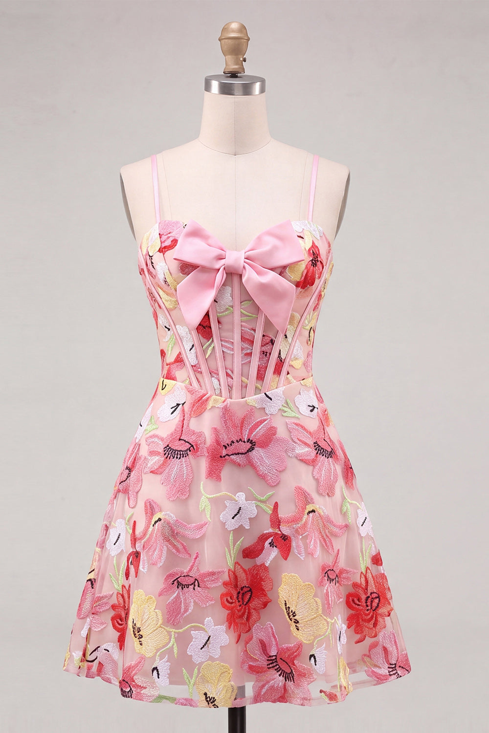 Floral Pink A Line Corset Short Homecoming Dress with Bow
