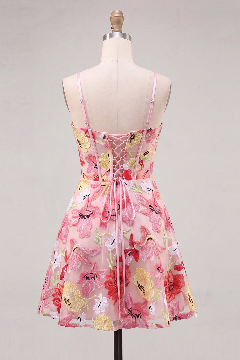 Floral Pink A Line Corset Short Homecoming Dress with Bow
