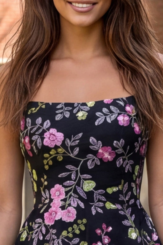 Black Floral Ruffled Tiered A Line Short Homecoming Dress