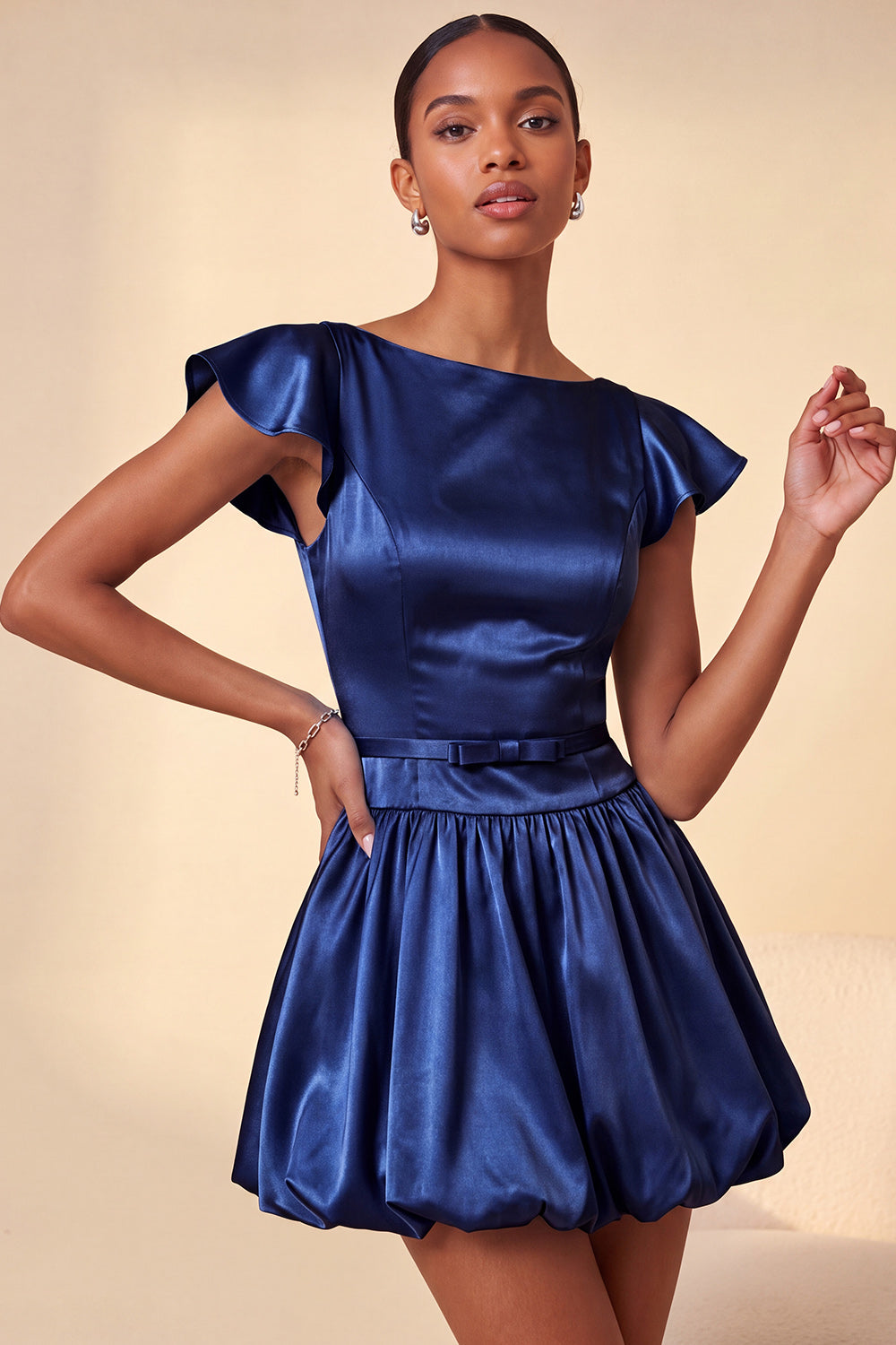 Pink Satin A-Line Cap Sleeves Short Homecoming Dress with Bow