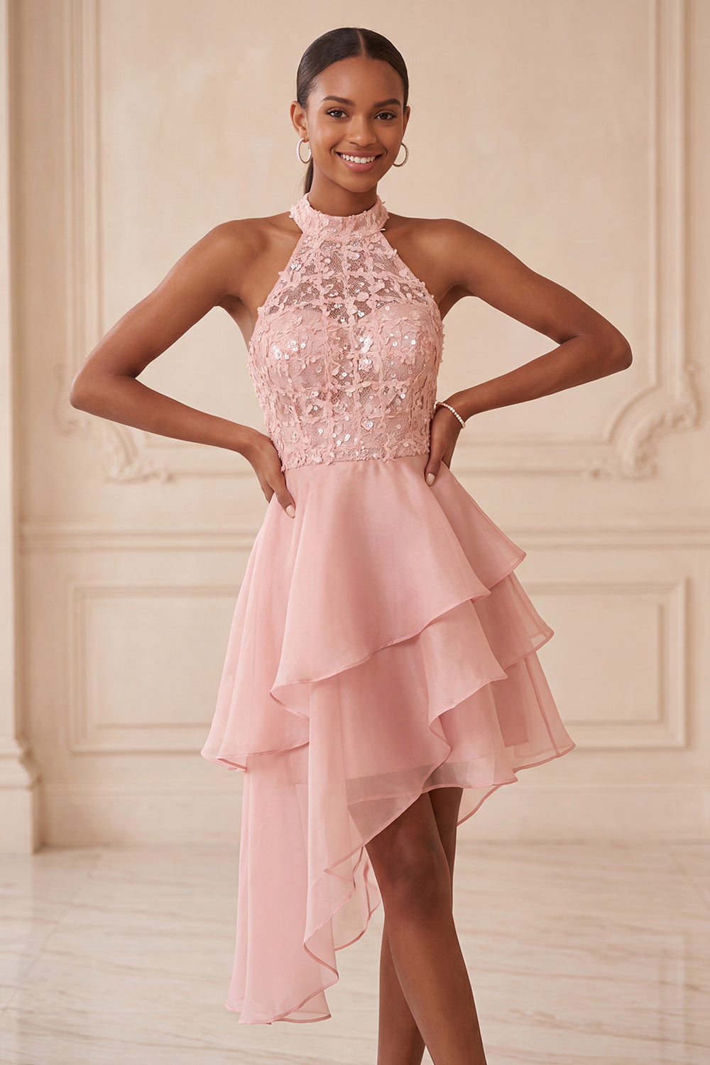 Olive Sequin Halter A Line Tiered Asymmetrical Homecoming Dress