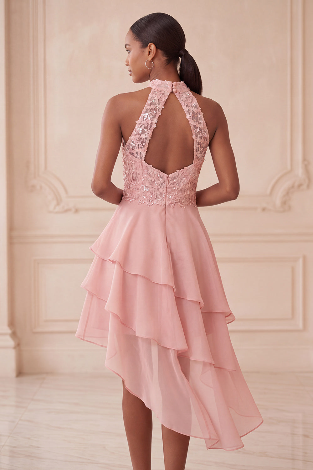 Olive Sequin Halter A Line Tiered Asymmetrical Homecoming Dress