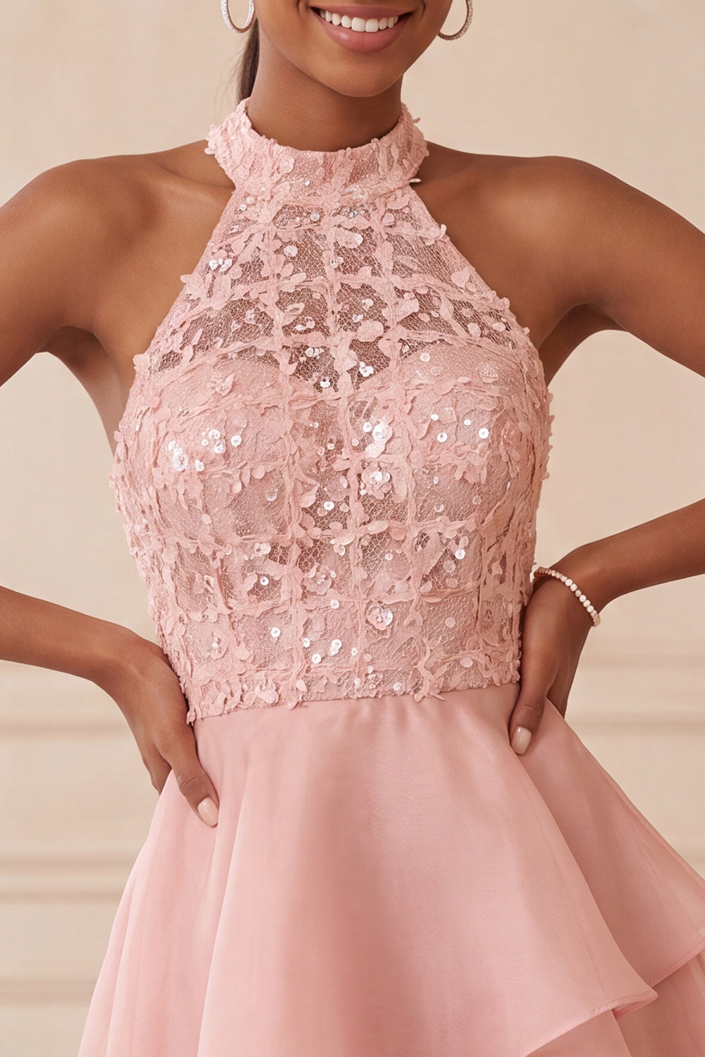 Olive Sequin Halter A Line Tiered Asymmetrical Homecoming Dress