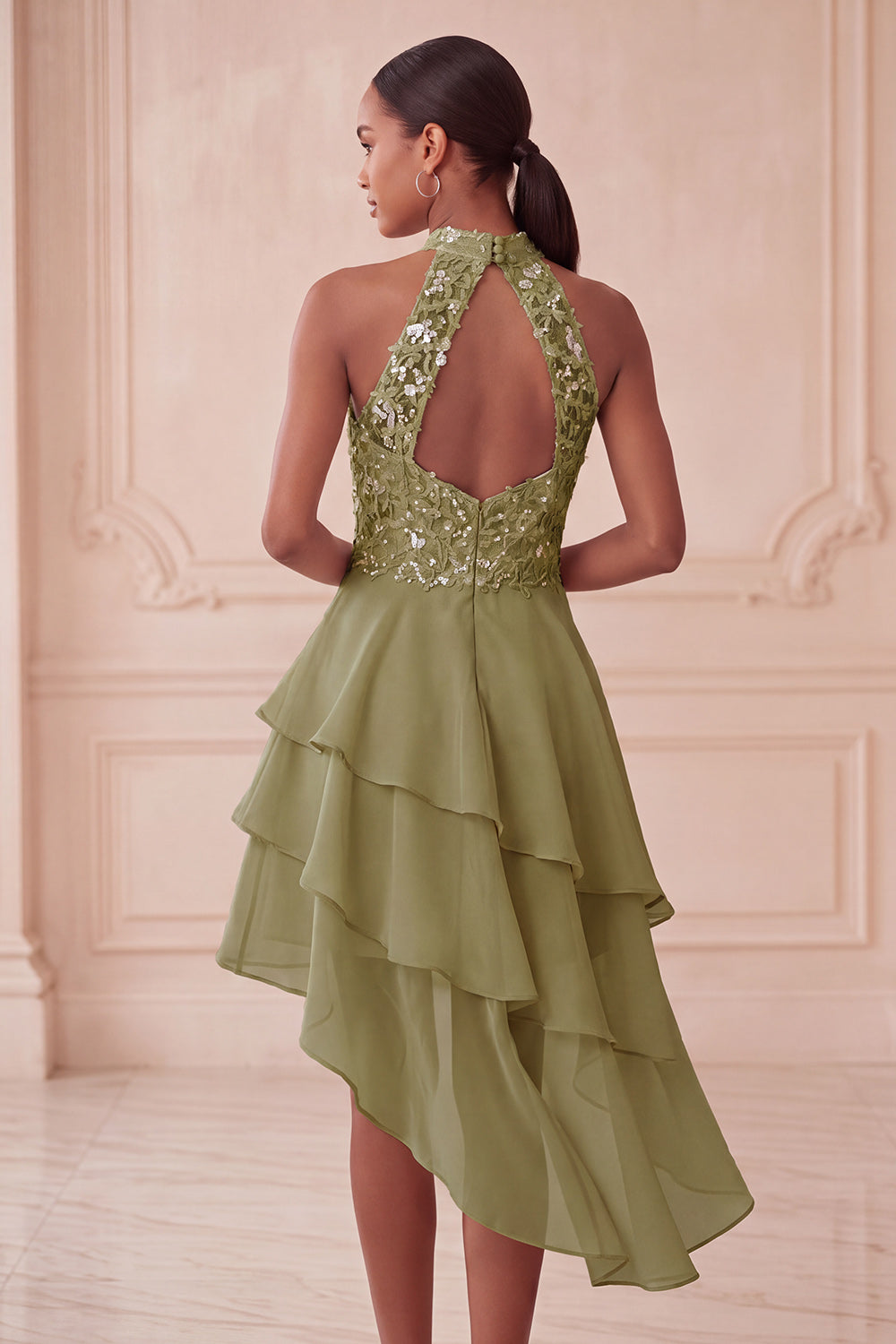 Olive Sequin Halter A Line Tiered Asymmetrical Homecoming Dress