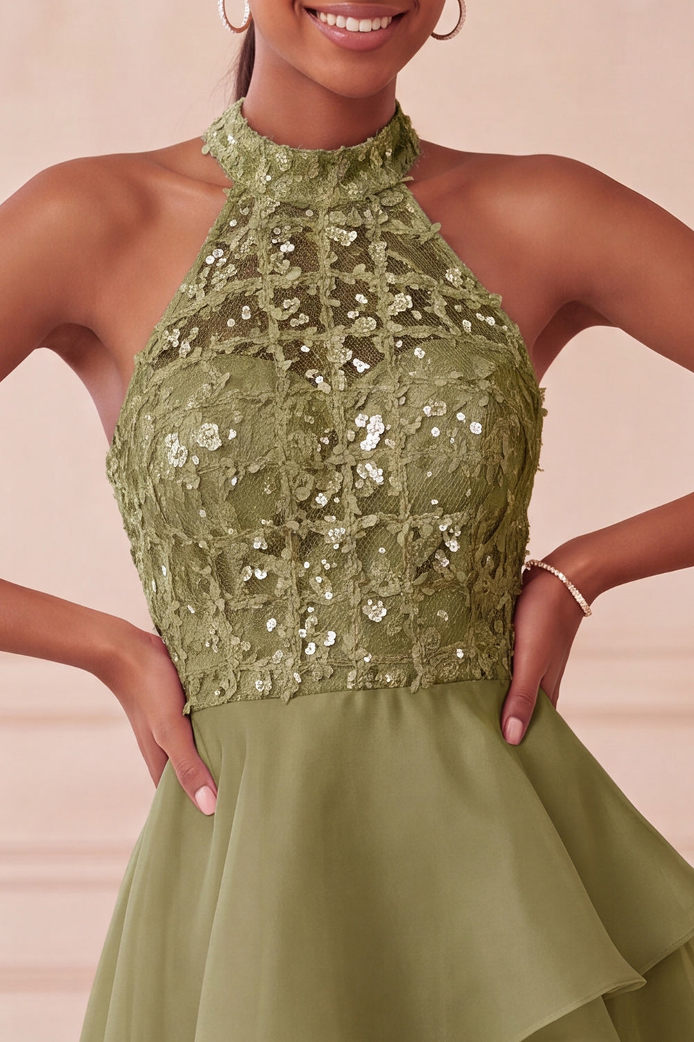 Olive Sequin Halter A Line Tiered Asymmetrical Homecoming Dress