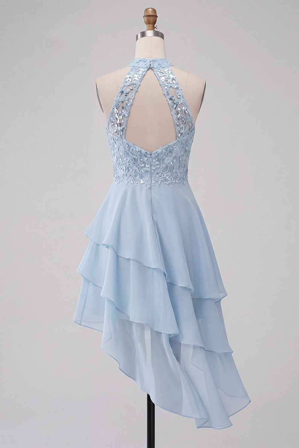 Olive Sequin Halter A Line Tiered Asymmetrical Homecoming Dress