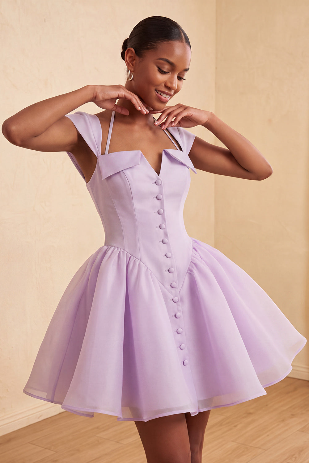 Lilac A-Line Short Homecoming Dress with Covered Buttons