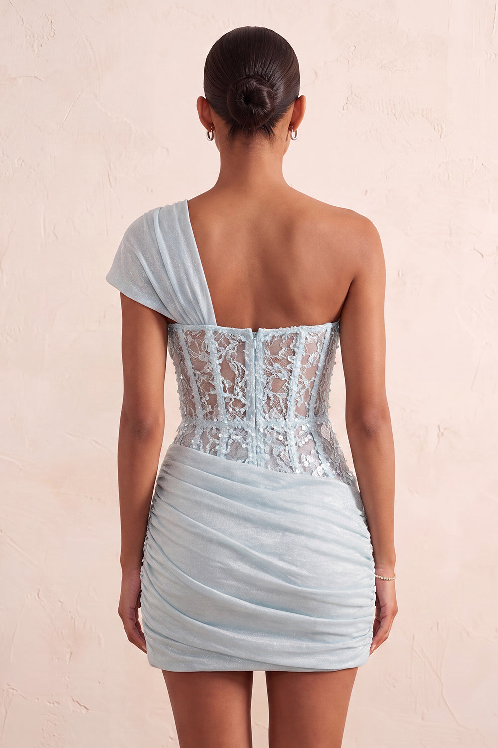 Pink Sequin One Shoulder Tight Short Corset Homecoming Dress with Lace