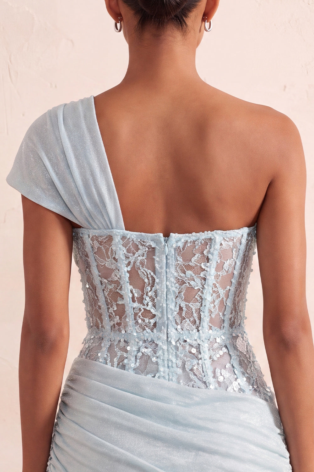 Pink Sequin One Shoulder Tight Short Corset Homecoming Dress with Lace