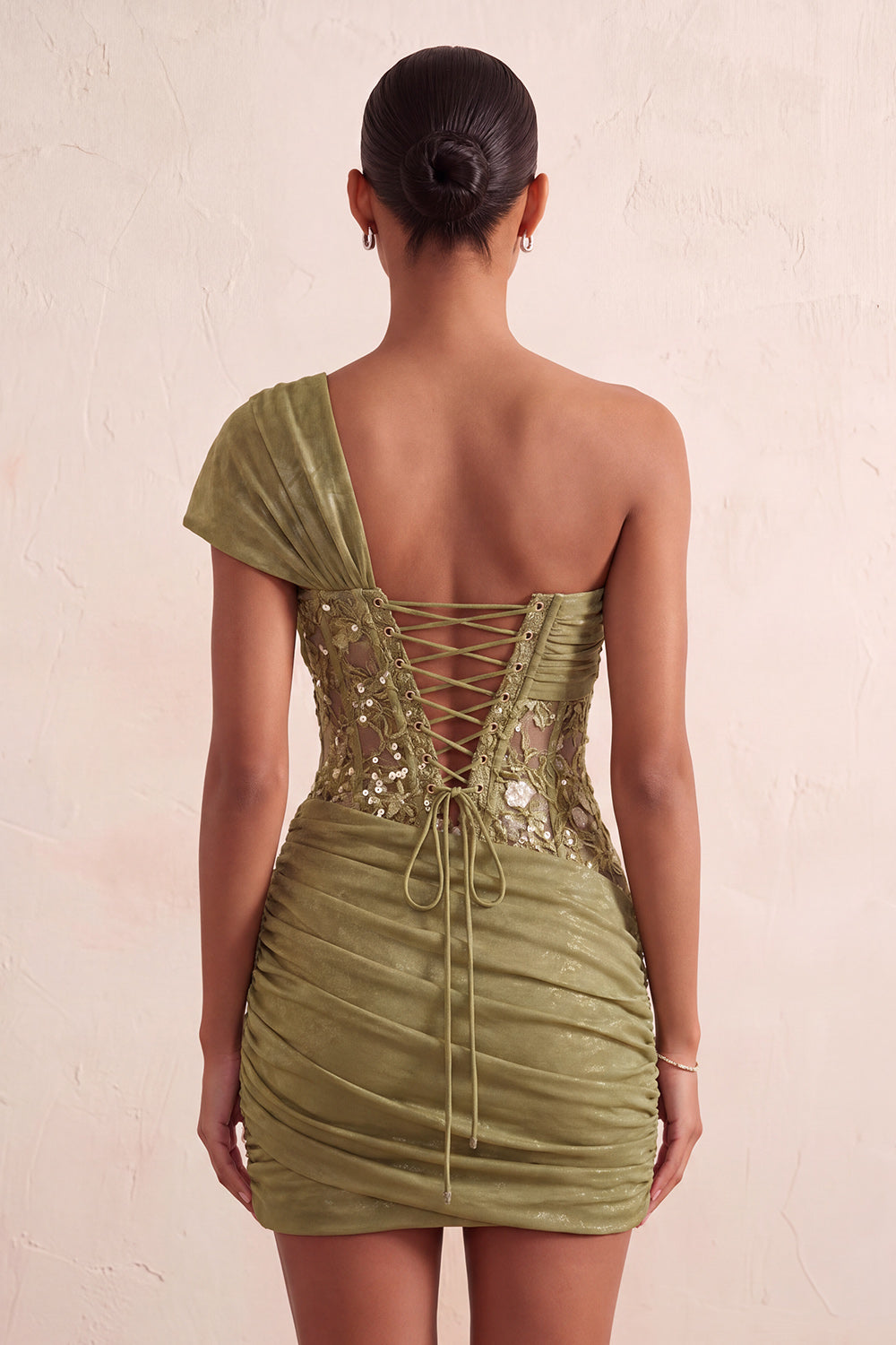 Pink Sequin One Shoulder Tight Short Corset Homecoming Dress with Lace