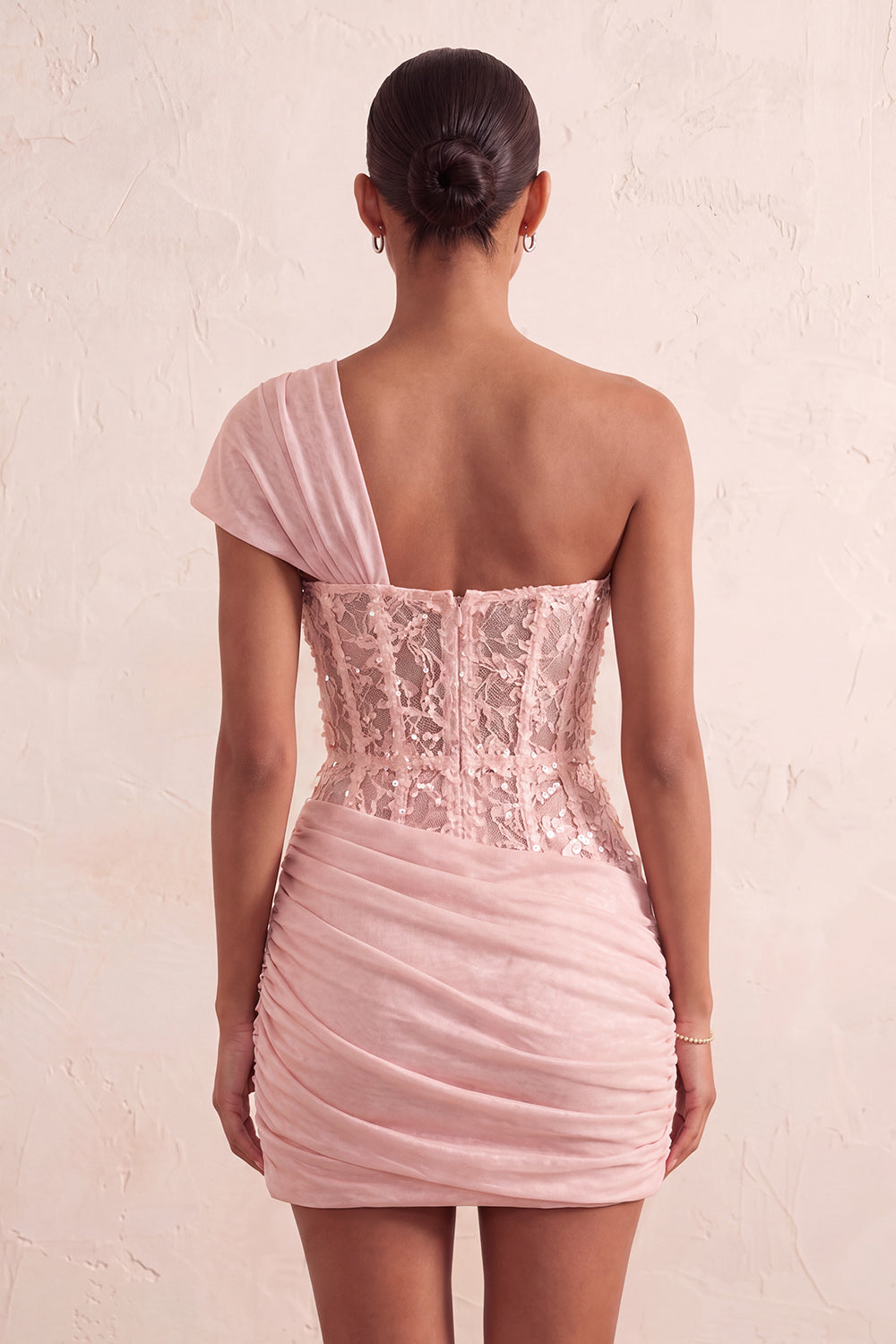 Pink Sequin One Shoulder Tight Short Corset Homecoming Dress with Lace