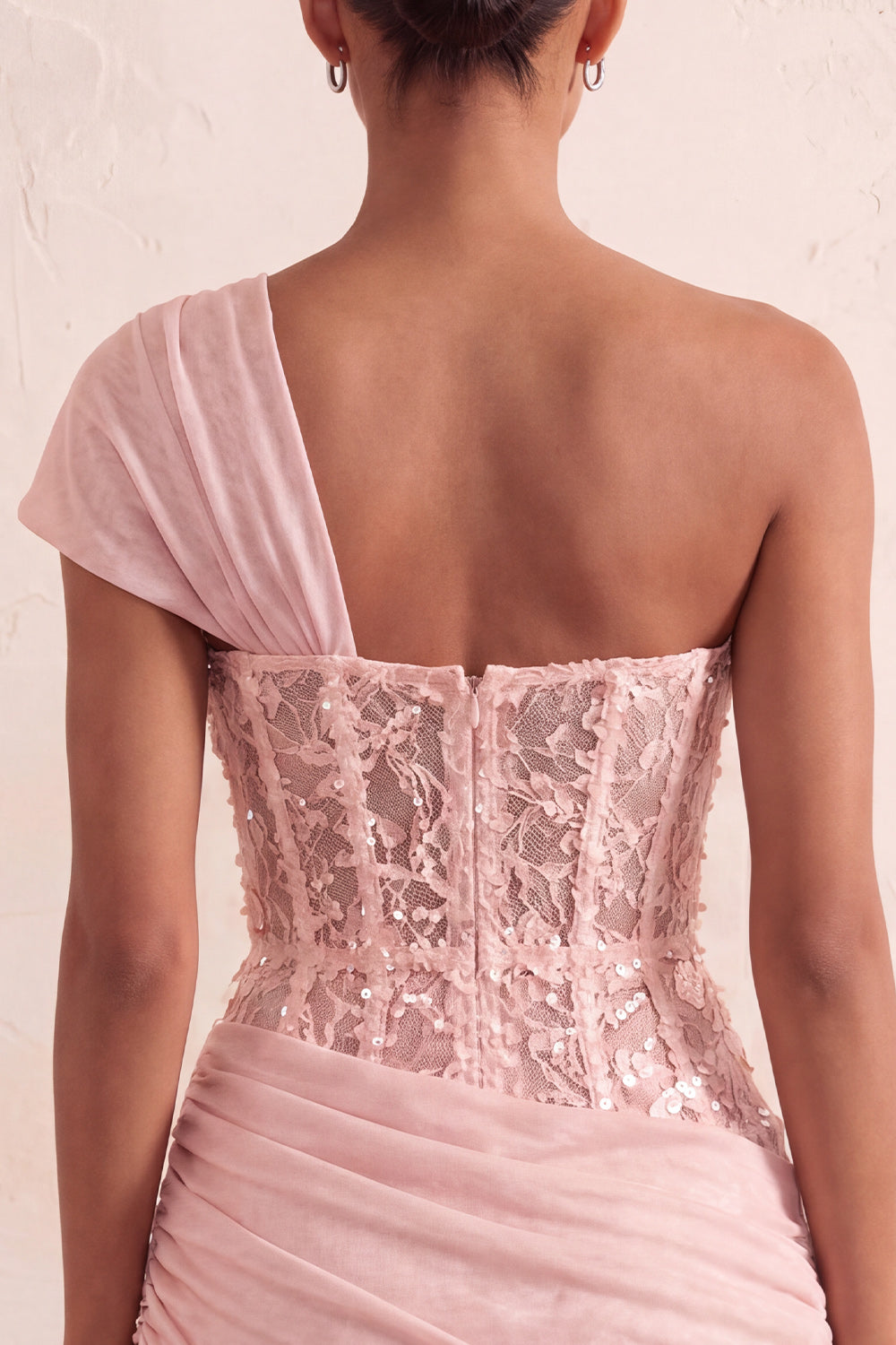Pink Sequin One Shoulder Tight Short Corset Homecoming Dress with Lace