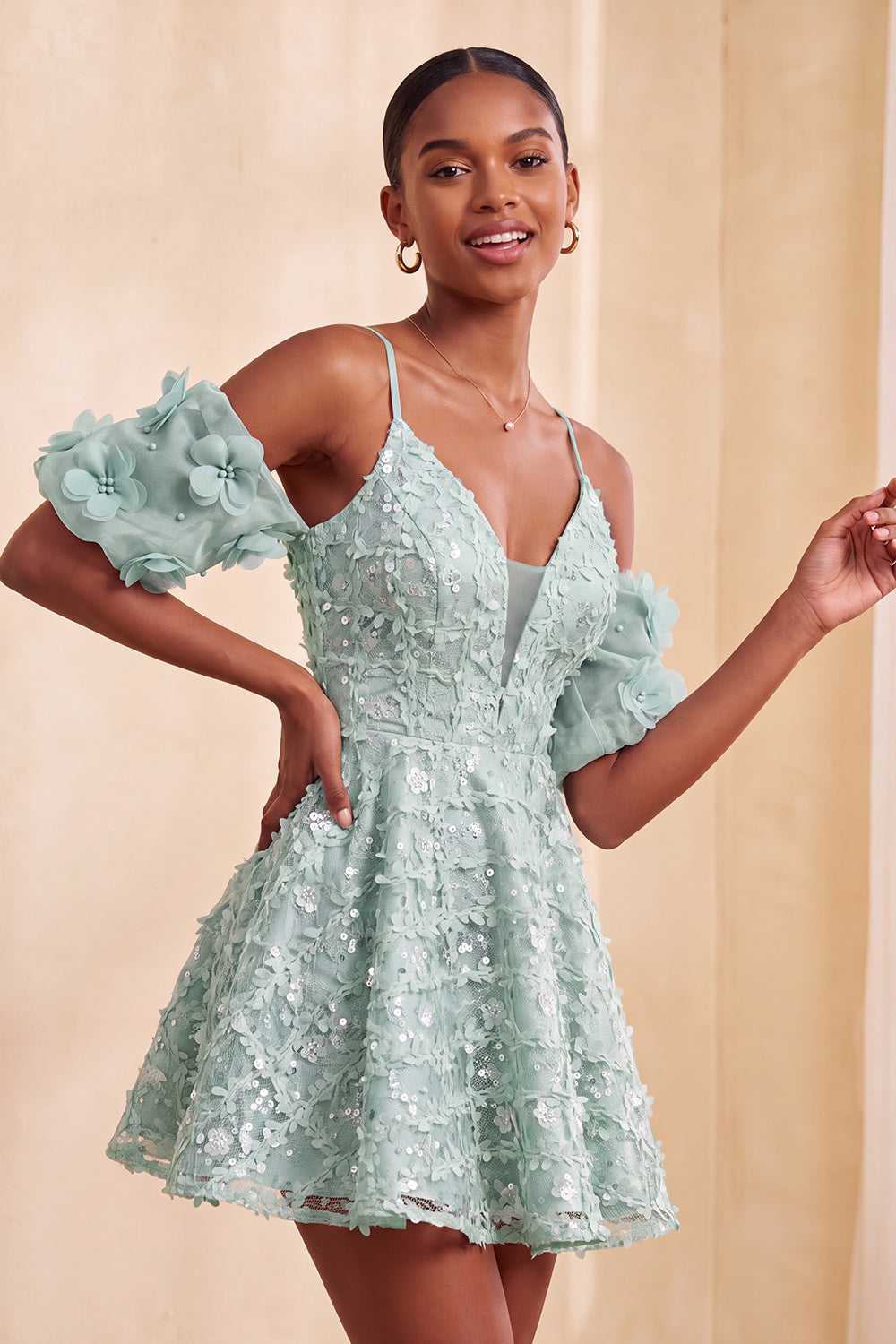 Light Blue Floral A-Line Cold Shoulder Puff Sleeves Short Corset Homecoming Dress