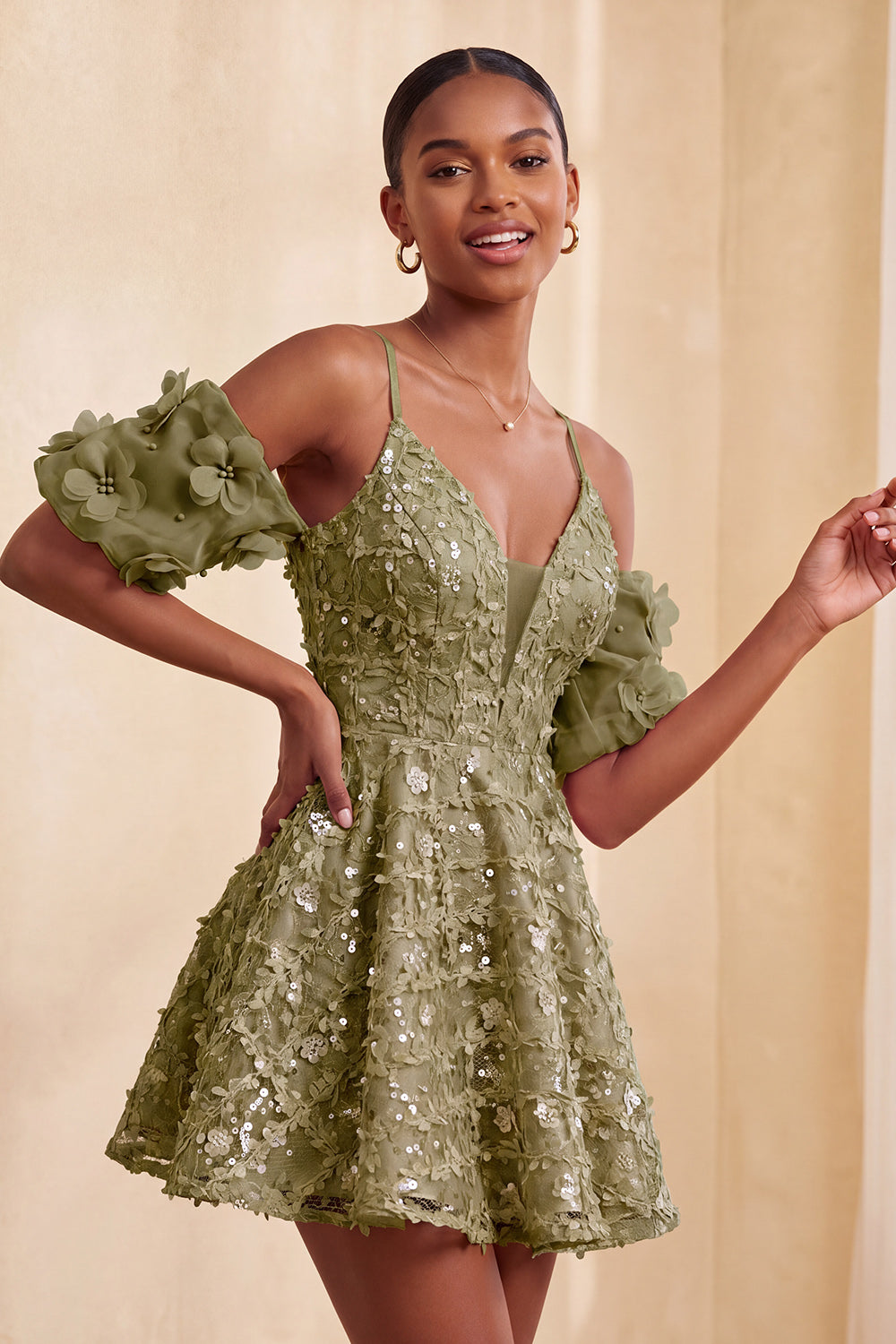 Light Blue Floral A-Line Cold Shoulder Puff Sleeves Short Corset Homecoming Dress