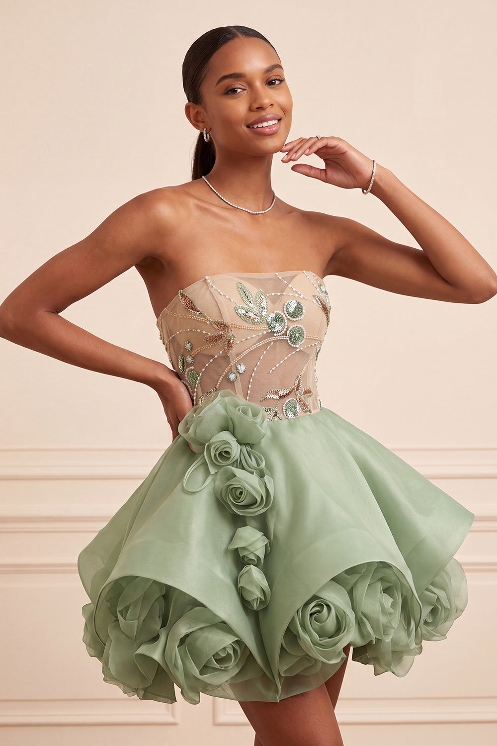 Dusty Sage Corset Sparkly A Line Short Beaded Homecoming Dress with 3D Flowers
