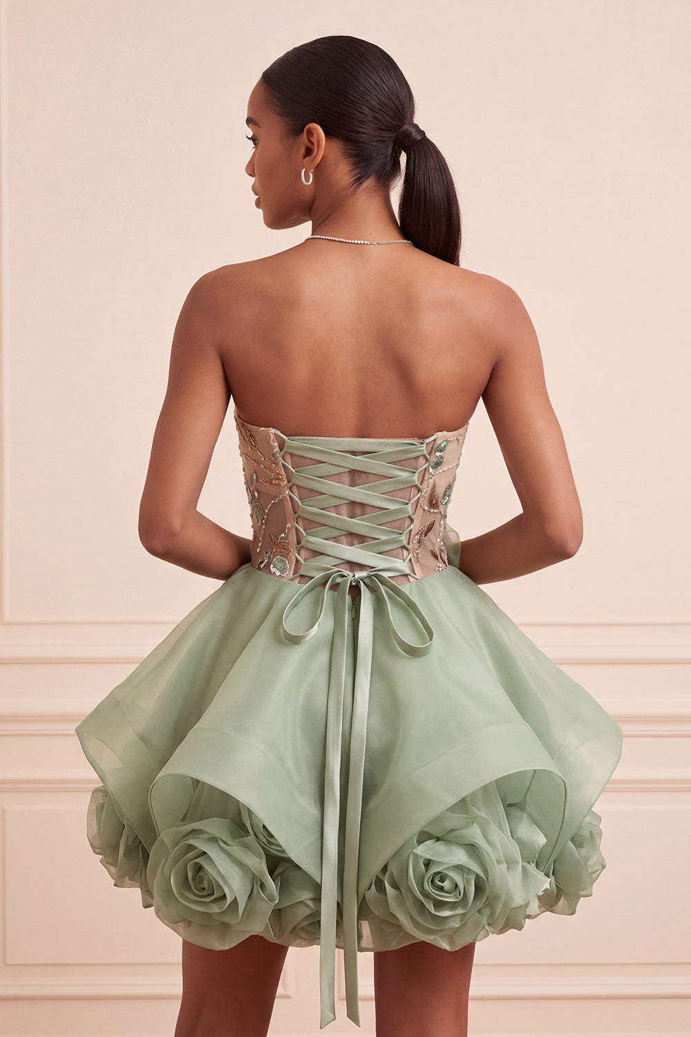 Dusty Sage Corset Sparkly A Line Short Beaded Homecoming Dress with 3D Flowers